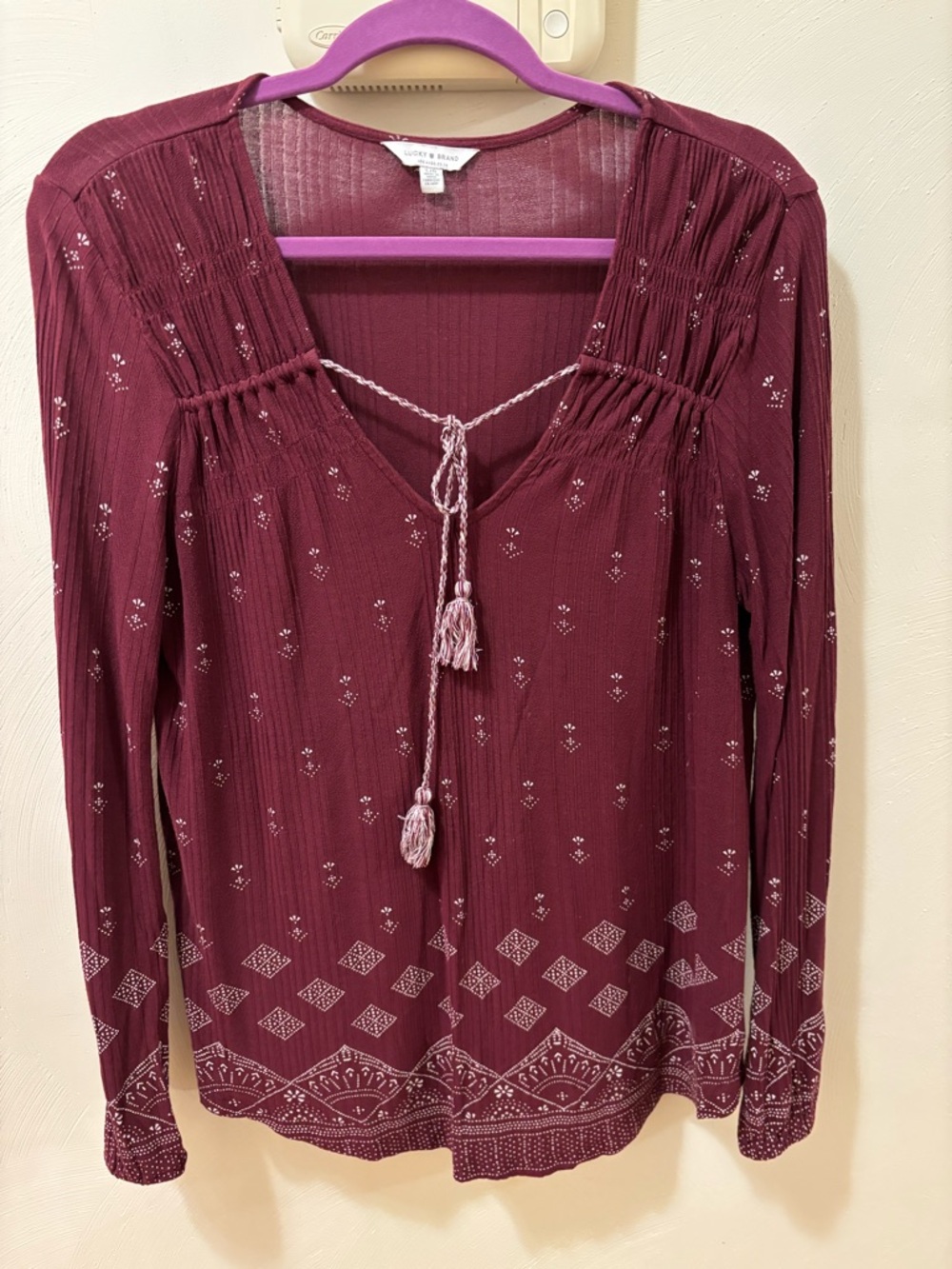 Lucky Brand Wine Long-Sleeve Tassel Peasant Top